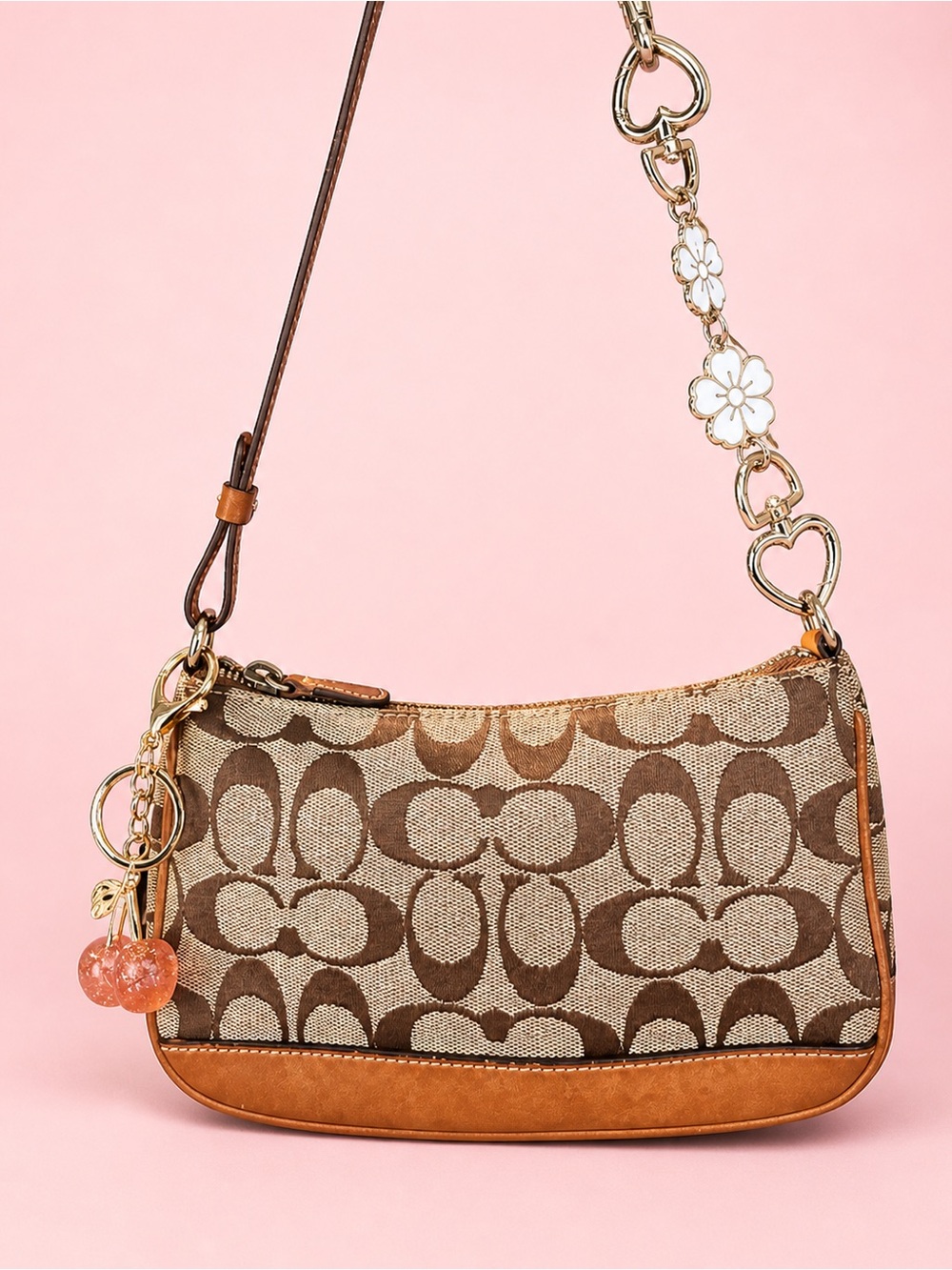 Coach Brown Signature Canvas Mini Shoulder Bag with Tan Trim with bag extender